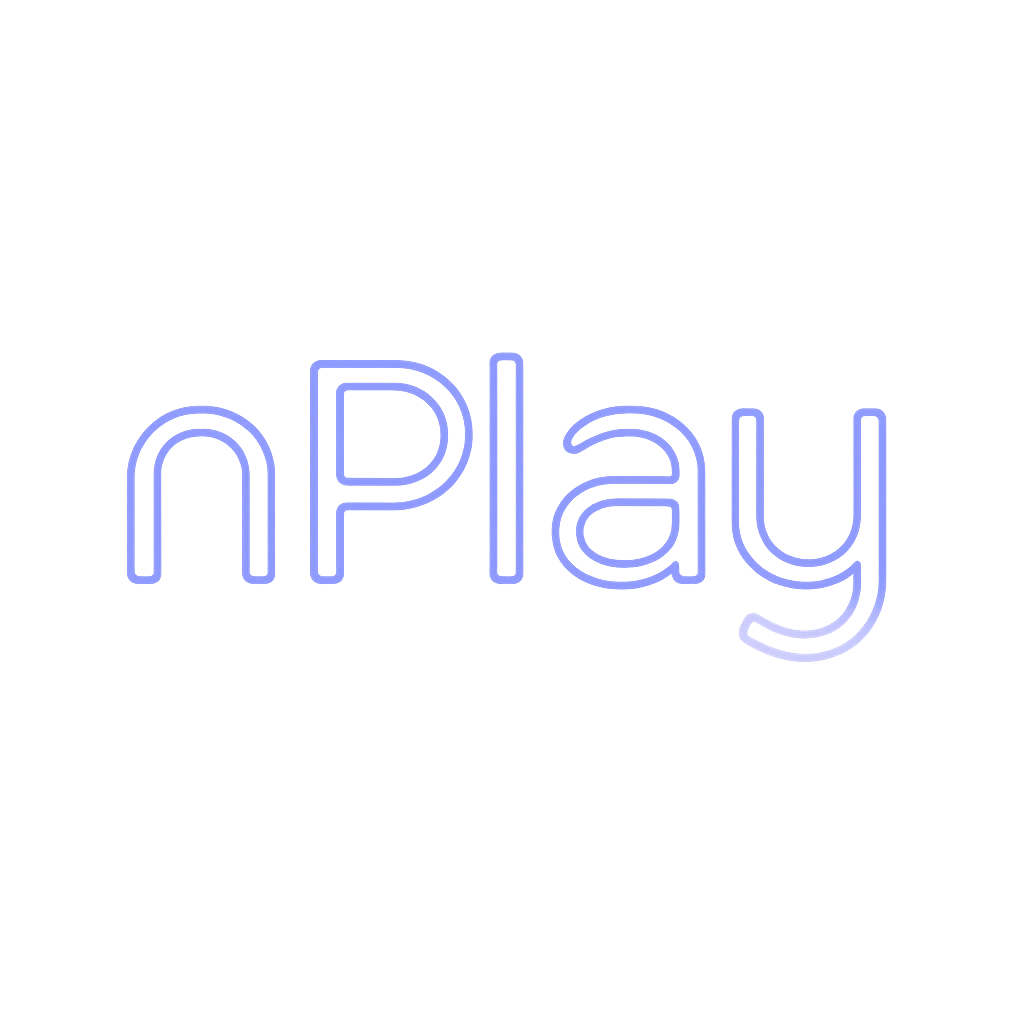 Warm-lit futuristic atrium interior with wooden arches and glowing tech panels — Nplay digital twin visualization