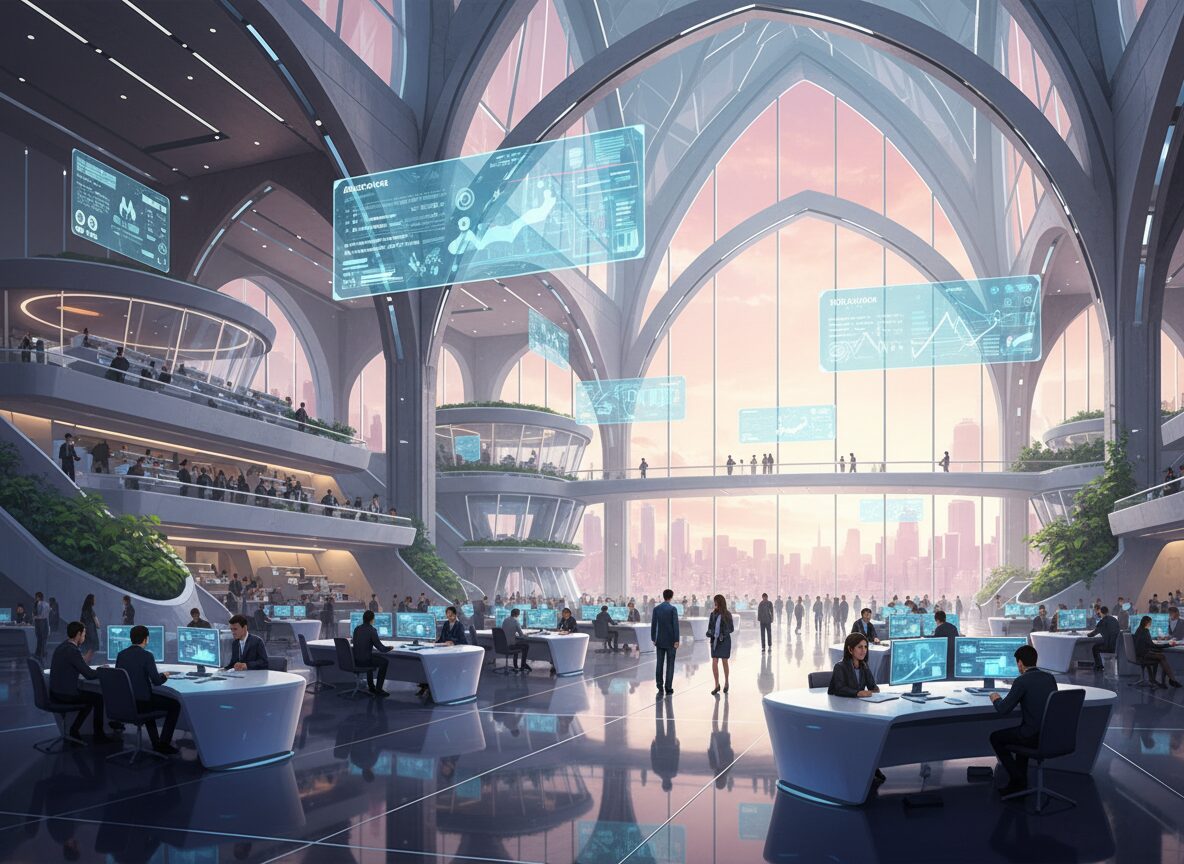 Pink-lit futuristic retail aisle with holographic product displays — Nplay AR virtual showroom visual