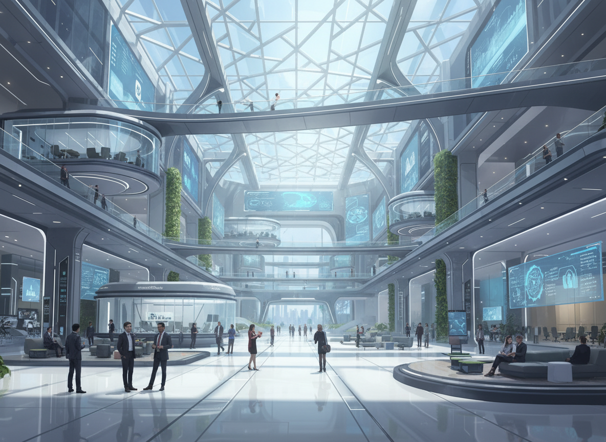 Bright glass-domed atrium interior with green plants and visitors walking — Nplay digital twin visualization, variant