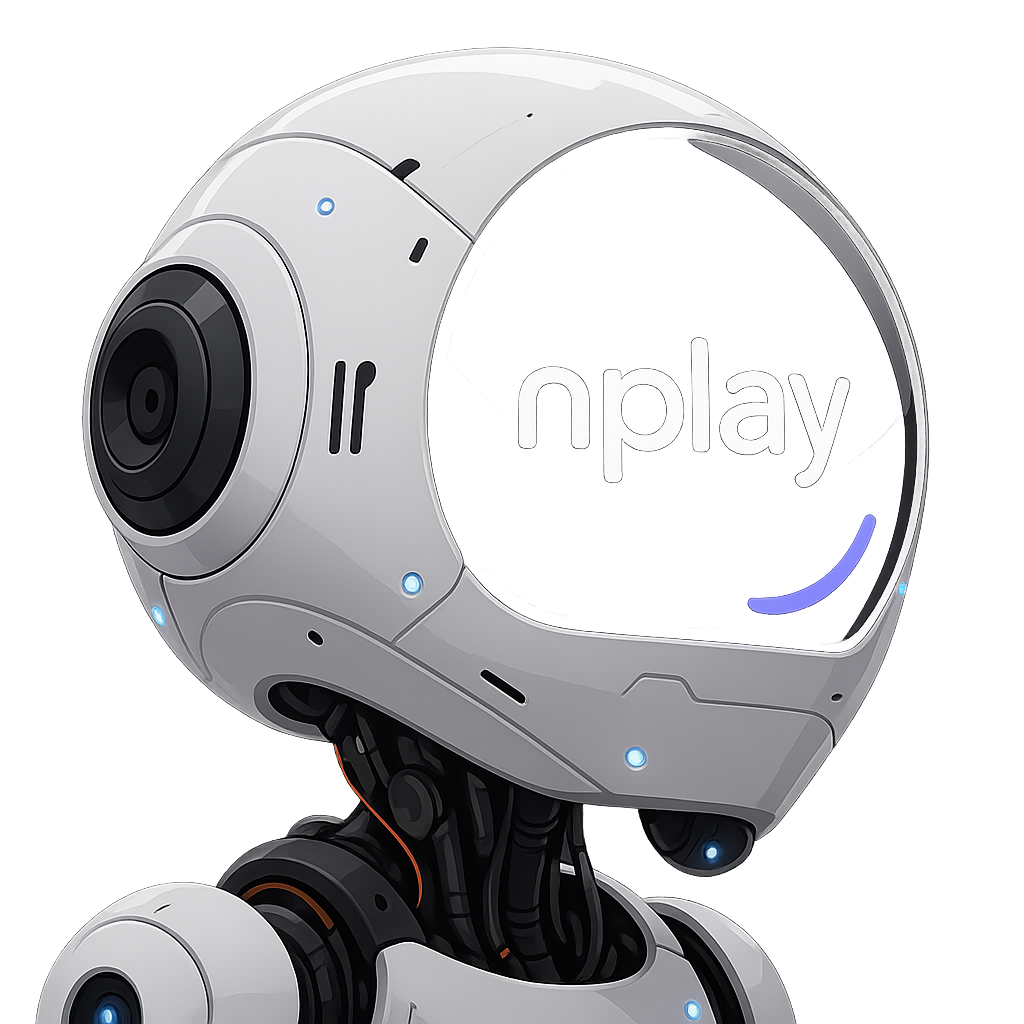 3D-rendered white robotic camera head with the Nplay logo — Nplay AI receptionist and robotics product render