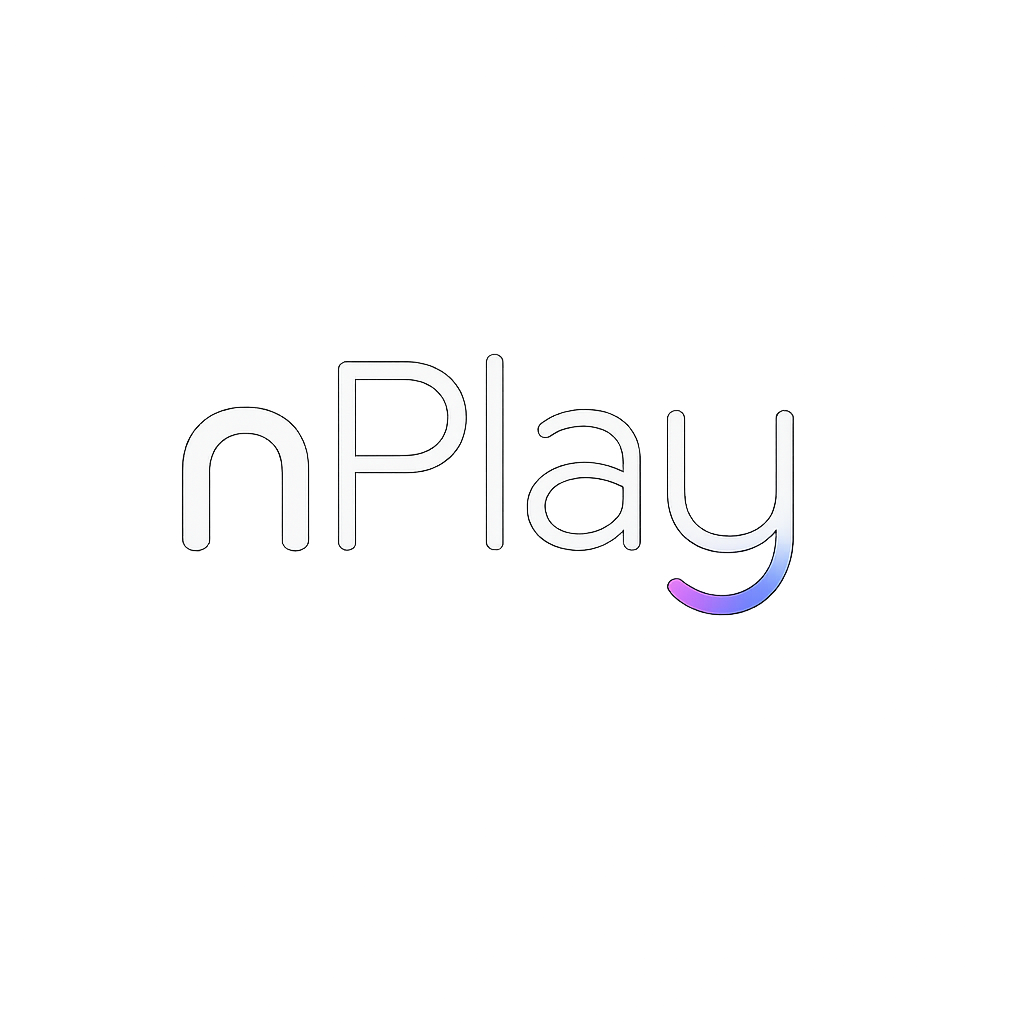 Pink-toned futuristic atrium interior with a glowing circular tech display and visitors walking — Nplay digital twin visualization