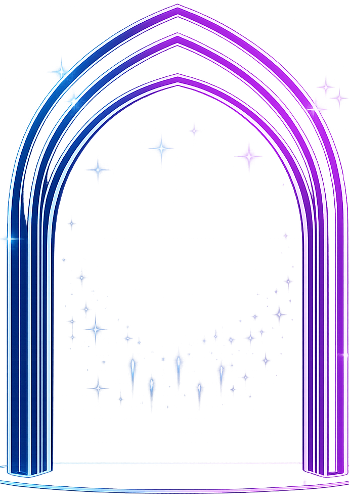 Glowing blue and purple neon double arch on a dark background — Nplay hologram and light installation visual