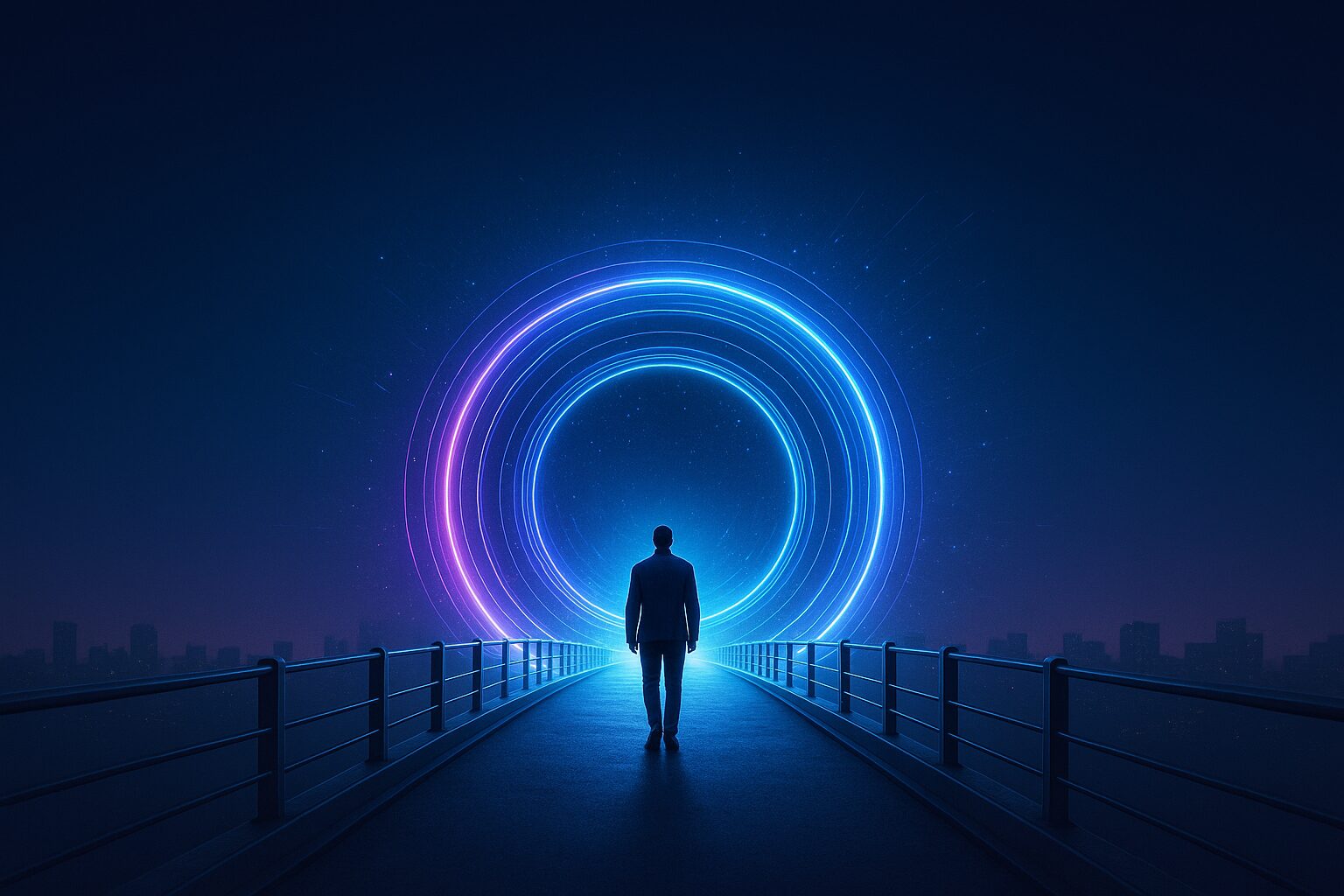 A person walks through a glowing blue neon ring portal — from Nplay's project gallery of virtual reality and metaverse experiences